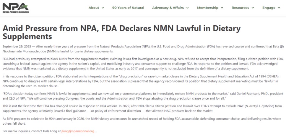 Amid Pressure from NPA, FDA Declares NMN Lawful in DietarySupplements