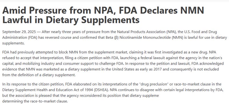 Amid Pressure from NPA, FDA Declares NMN Lawful in Dietary Supplements